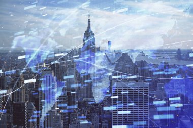 Veri temalı hologram gökdelenlerin arka planında çift pozlama ile şehir görünümüne çizim yapıyor. Teknoloji konsepti.