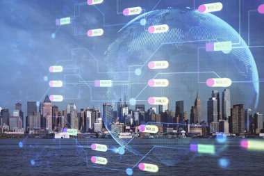 Veri temalı hologram gökdelenlerin arka planında çift pozlama ile şehir görünümüne çizim yapıyor. Teknoloji konsepti.