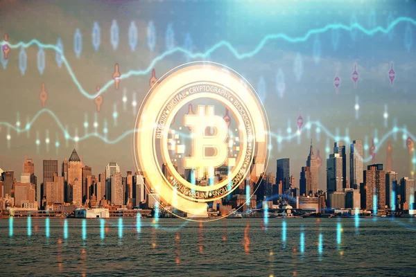 Двойное воздействие рисунка голограммы темы криптовалюты и фона городского вея. Концепция блокчейн и биткойн. Стоковое Изображение