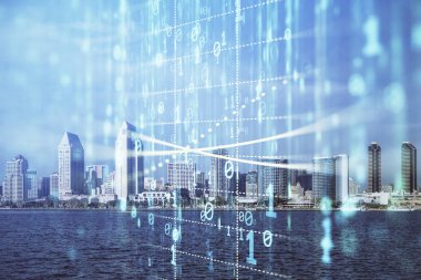 Veri temalı hologram gökdelenler arka planda çoklu pozlama ile şehir görünümüne çizim yapıyor. Büyük veri kavramı.