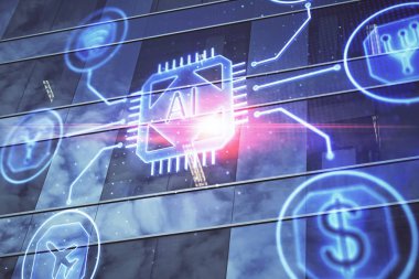 Veri temalı hologram gökdelenler arka planda çoklu pozlama ile şehir görünümüne çizim yapıyor. Büyük veri kavramı.