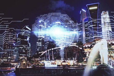 Şehrin arka planına beyin hologramı çizimi. Çifte maruz kalma. Beyin fırtınası konsepti.