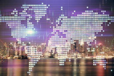 İş temalı hologram çizimine ve şehrin arka planına çifte maruz kalma. Başarı kavramı.