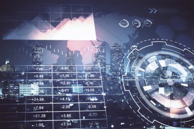 Yüksek binalar arka plan çok pozlama ile gece şehir scape mali grafik. Analiz kavramı.