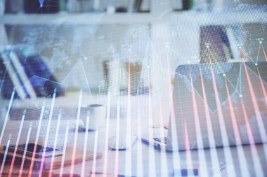 Eski pazar grafiği hologramı ve kişisel bilgisayar geçmişi. Çifte maruziyet. Yatırım kavramı.