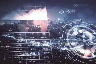 Yüksek binalar arka plan çok pozlama ile gece şehir scape mali grafik. Analiz kavramı.