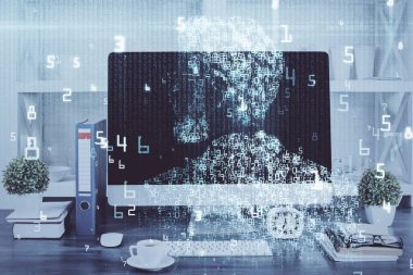 Arka planda bilgisayar ve veri temalı hologram tablosu çift pozlama. Veri teknolojisi kavramı.