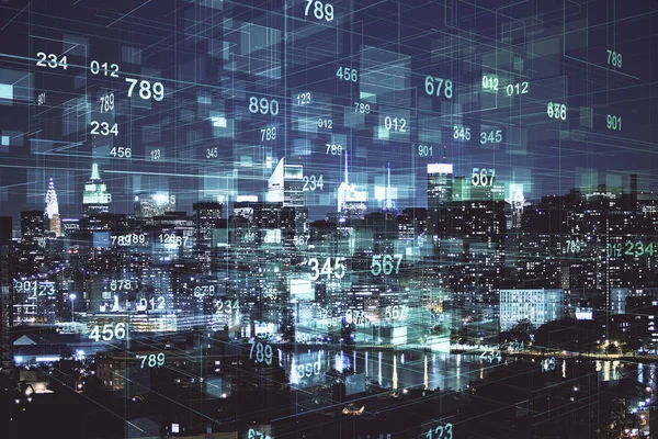 Veri temalı hologram gökdelenlerin arka planında çift pozlama ile şehir görünümüne çizim yapıyor. Ai kavramı.
