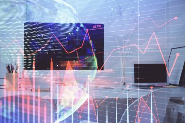 Eski pazar grafiği hologramı ve kişisel bilgisayar geçmişi. Çifte maruziyet. Yatırım kavramı.