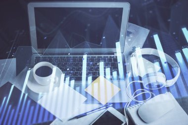 Eski pazar grafiği hologramı ve kişisel bilgisayar geçmişi. Çoklu maruz kalma. Yatırım kavramı.