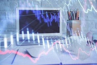 Bilgisayar geçmişi olan eski grafik hologramı. Çoklu maruz kalma. Finans piyasası kavramı.