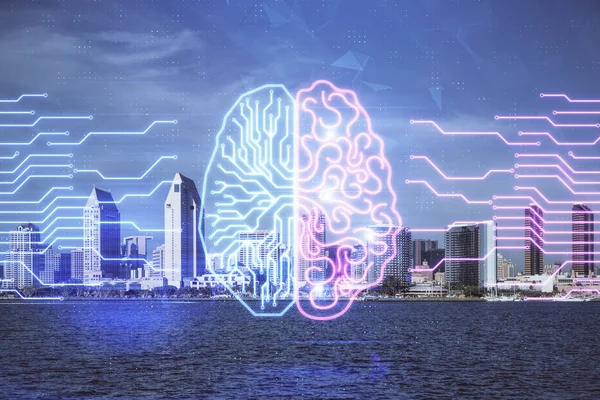 Holograma cerebral dibujo sobre el paisaje urbano fondo multi exposición. Ai en el concepto de ciudad moderna. — Foto de Stock