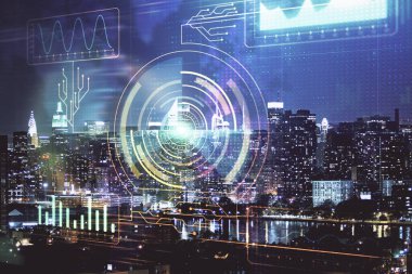 Veri temalı hologram gökdelenlerin arka planında çift pozlama ile şehir görünümüne çizim yapıyor. Ai kavramı.