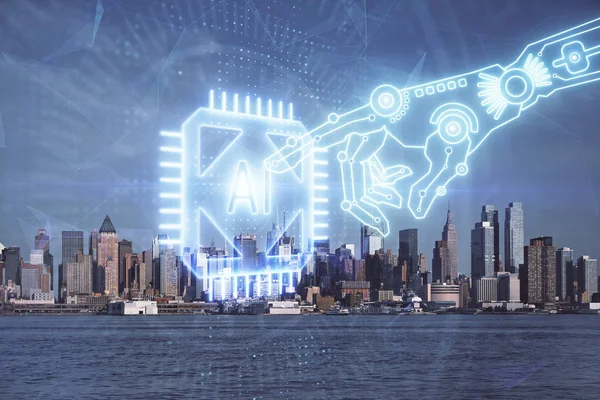 Dados tema holograma desenho na vista da cidade com arranha-céus de fundo dupla exposição. Conceito de tecnologia . — Fotografia de Stock