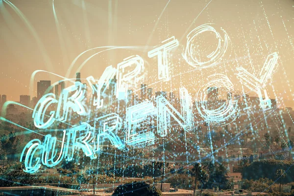 Kripto para birimi temalı hologram çizimi ve şehrin veiw arka planına çift pozlama. Engelleme zinciri ve bitcoin kavramı. — Stok fotoğraf