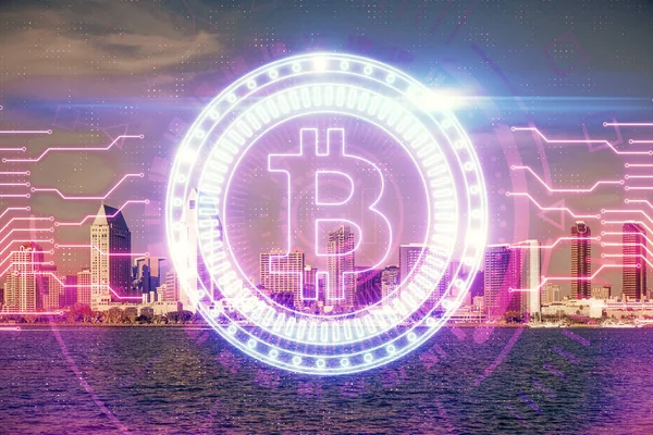 Doppelbelichtung der Kryptowährung Thema Hologrammzeichnung und Stadt veiw Hintergrund. Konzept von Blockchain und Bitcoin. — Stockfoto