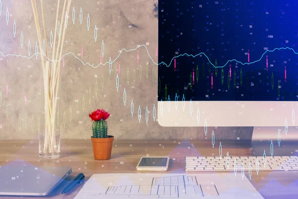 Finanční graf barevný výkres a tabulka s počítačem na pozadí. Multi expozice. Koncepce mezinárodních trhů. — Stock fotografie