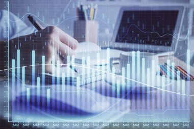 Finansal grafik el notları arka plan alarak üzerinde çizilmiş. Araştırma kavramı. Çift Pozlama