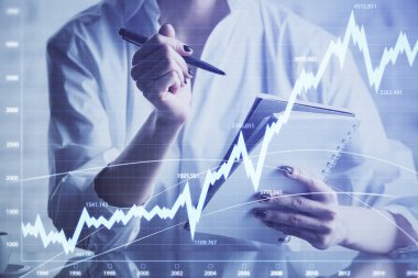 Finansal grafik el notları arka plan alarak üzerinde çizilmiş. Araştırma kavramı. Çoklu pozlama