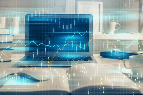 Desenho gráfico financeiro e tabela com computador em segundo plano. Exposição múltipla. Conceito de mercados internacionais. — Fotografia de Stock