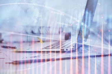 Bilgisayar geçmişi olan eski grafik hologramı. Çifte maruziyet. Finans piyasası kavramı.