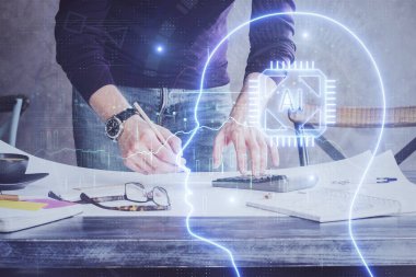 Haman beyin çift pozlama simgesi erkek eli arka planı.