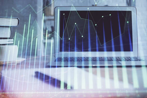 Stock market graph on background with desk and personal computer. Double exposure. Concept of financial analysis. — Stock Photo, Image