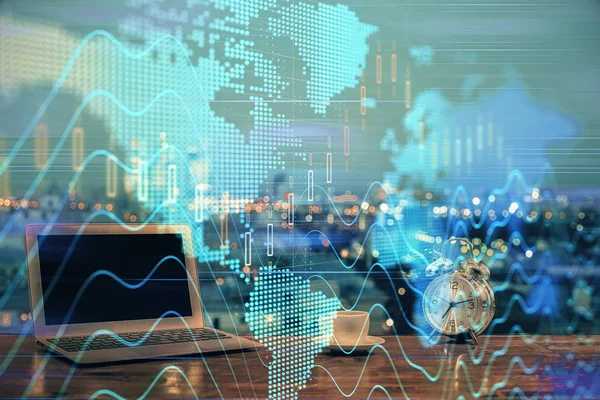 Financial graph colorful drawing and table with computer on background. Multi exposure. Concept of international markets. — Stock Photo, Image