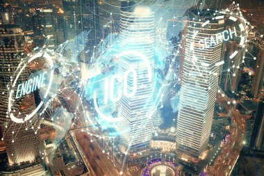 Kripto para birimi temalı hologram çizimine ve şehrin arka planına çoklu maruz kalma. Engelleme zinciri ve bitcoin kavramı.