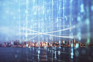 Veri temalı hologram gökdelenler arka planda çoklu pozlama ile şehir görünümüne çizim yapıyor. Büyük veri kavramı.