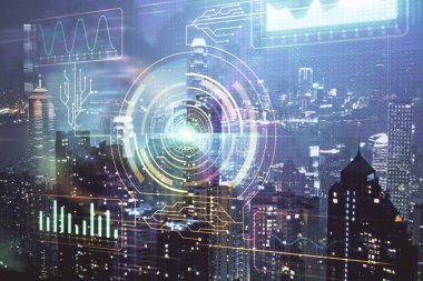 Veri temalı hologram gökdelenlerin arka planında çift pozlama ile şehir görünümüne çizim yapıyor. Ai kavramı.