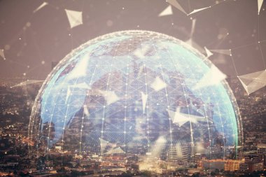 İş temalı hologram çizimine ve şehrin arka planına çifte maruz kalma. Başarı kavramı.