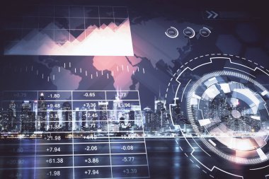 Yüksek binalar arka plan çok pozlama ile gece şehir scape mali grafik. Analiz kavramı.