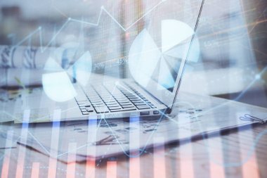 Bilgisayar geçmişi olan eski grafik hologramı. Çoklu maruz kalma. Finans piyasası kavramı.