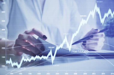 Finansal grafik el notları arka plan alarak üzerinde çizilmiş. Araştırma kavramı. Çoklu pozlama