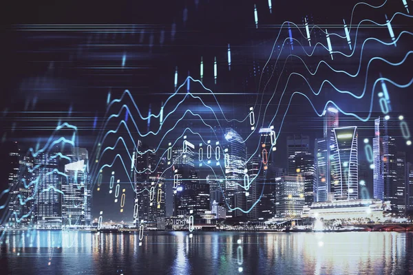 Yüksek binalar arka plan çok pozlama ile şehir scape mali grafik. Analiz kavramı.