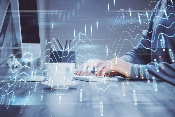 Adam ile mali grafik çift pozlama arka planda ofiste çalışır. Analiz kavramı.