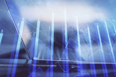 Bilgisayar geçmişi olan eski grafik hologramı. Çoklu maruz kalma. Finans piyasası kavramı.