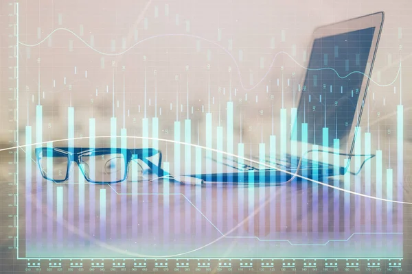 Stock market graph and table with computer background. Double exposure. Concept of financial analysis. — Stock Photo, Image