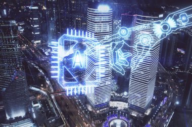 Veri temalı hologram gökdelenler arka planda çoklu pozlama ile şehir görünümüne çizim yapıyor. Ai kavramı.