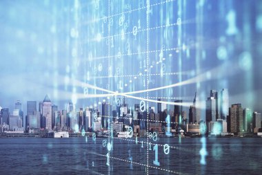 Veri temalı hologram gökdelenlerin arka planında çift pozlama ile şehir görünümüne çizim yapıyor. Teknoloji konsepti.