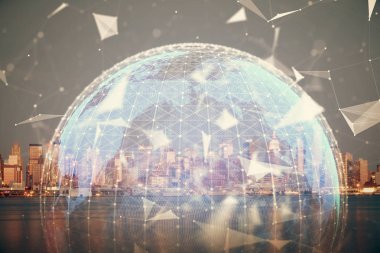 İş temalı hologram çizimine ve şehrin arka planına çifte maruz kalma. Başarı kavramı.