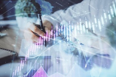 Finansal Forex grafik eller notları arka plan alarak görüntülenir. Araştırma kavramı. Çift Pozlama