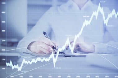 Finansal grafik el notları arka plan alarak üzerinde çizilmiş. Araştırma kavramı. Çoklu pozlama