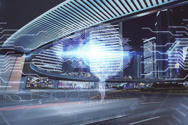 Şehrin arka planına beyin hologramı çizimi. Çifte maruz kalma. Beyin fırtınası konsepti.