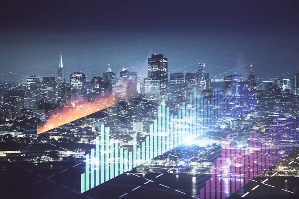 Financial graph on night city scape with tall buildings background double exposure. Analysis concept.