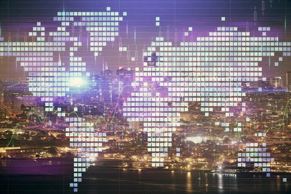 İş temalı hologram çizimine ve şehrin arka planına çifte maruz kalma. Başarı kavramı.