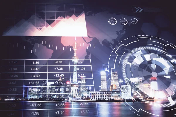 Yüksek binalar arka plan çok pozlama ile gece şehir scape mali grafik. Analiz kavramı.
