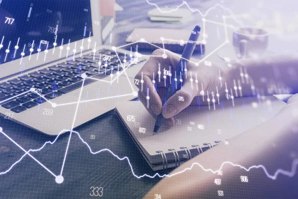 Forex chart displayed on womans hand taking notes background. Concept of research. Multi exposure — Stock Photo, Image