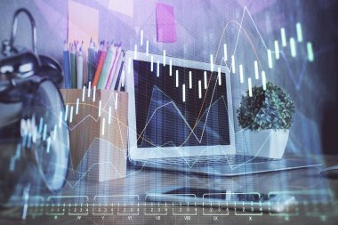 Forx çizelgesine ve bilgisayarla çalışma alanına çoklu maruz kalma. Uluslararası çevrimiçi ticaret kavramı.